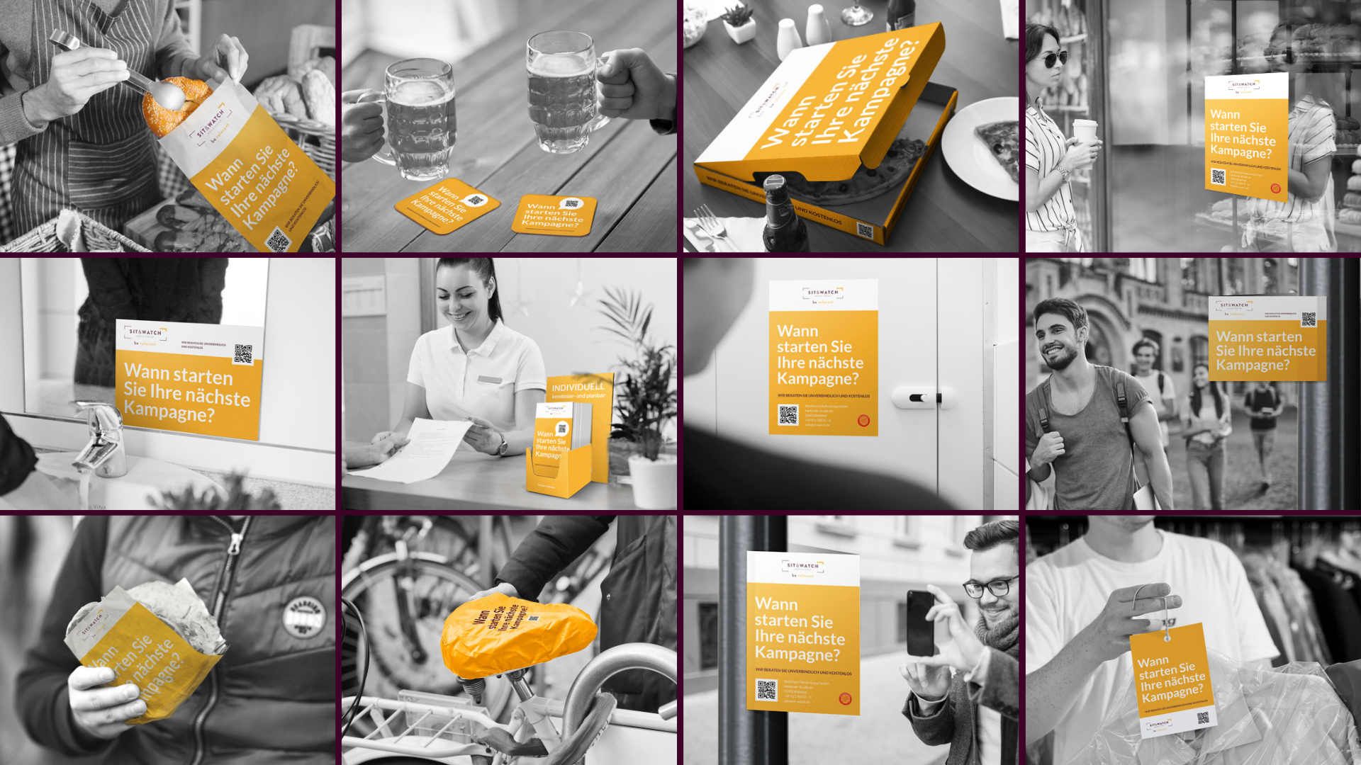 Eine Collage, die verschiedene Werbemittel und Platzierungen zeigt, darunter Brötchenverpackungen, Bieruntersetzer, Pizzakartons, Plakate in Geschäften, Fahrradabdeckungen und weitere, alle mit der Aufschrift "Wann starten Sie Ihre nächste Kampagne?".
